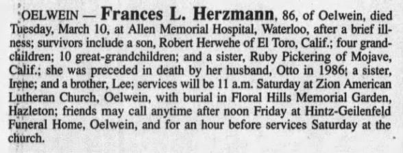 Herzmann, Frances L. Obit. 12 Mar 1992 The Courier (Waterloo, Iowa) p6